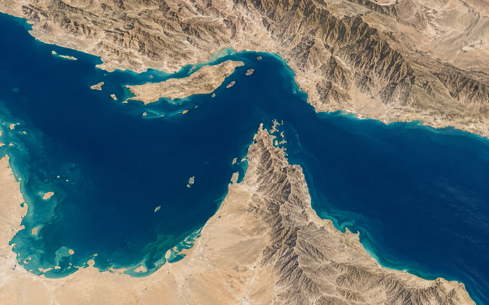 Illustrative maritime strait viewed from above